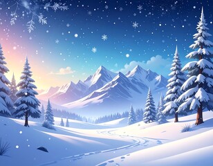 Snowy landscape with snow-covered firs, mountains, and a brilliant sky