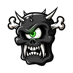 Menacing one-eyed monstrous skull with sharp fangs and bony spikes, a dark fantasy creature illustration