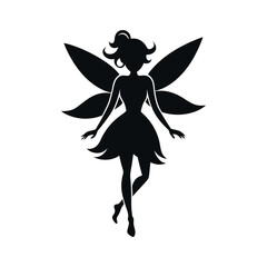 Silhouette of a whimsical fairy with large wings and a flowing dress