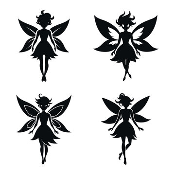 Four silhouettes of fairies with wings in different poses