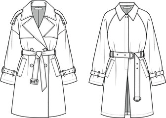 Trench coat, double breasted, single breasted, belted waist, notched lapel, shoulder epaulets, fashion sketch, vector template, garment CAD, cad drawing flat vector illustration