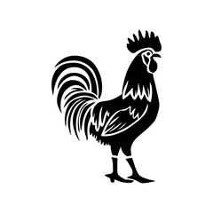 Bold black silhouette of a proud rooster with a magnificent tail