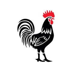 Stylized black rooster with fiery red comb and tail feathers