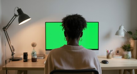 Person from behind working intently on a computer with a vibrant green screen monitor in a modern home office setup, perfect for compositing digital content, remote work themes, or technology pre