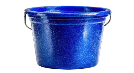 Deep blue speckled bucket with metallic handle, standing on dark background