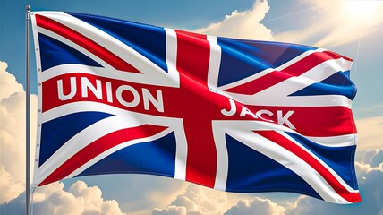 Union jack flag waving in blue sky representing national pride and british culture
