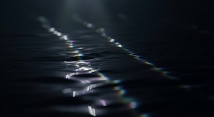 Dark rippled water surface reflects shimmering light with rainbow effect, concept for tranquility, serenity, and a calming atmosphere, also suitable for depicting abstract beauty