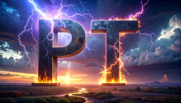 Giant metallic letters stand amid lightning and fire. Sunset vista