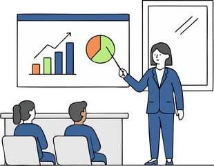Dynamic businesswoman presenting growth strategy with charts and graphs to colleagues, a modern presentation perfect for reports, team meetings, and training materials