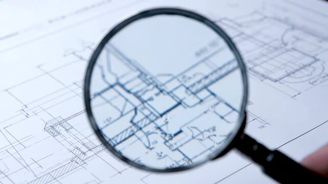 Detailed architectural blueprint under magnifying glass showing intricate design elements