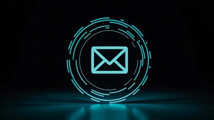 Neon digital mail icon representing communication and network technology concept