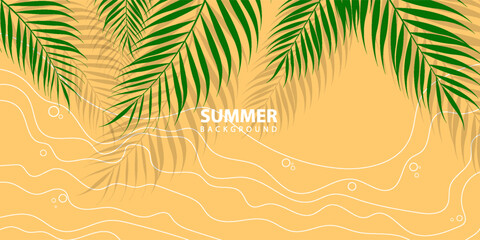 Yellow summer tropical background with tropical palm leaves. Minimal summer creative flat design. Vector illustration