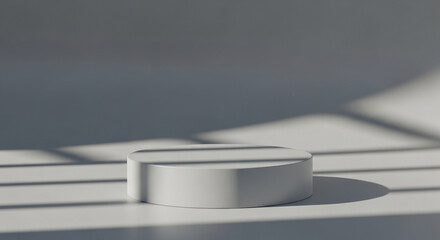 Minimalist white podium isolated on white background, illuminated by gentle sunlight and subtle window shadows, offering a pristine and sophisticated display