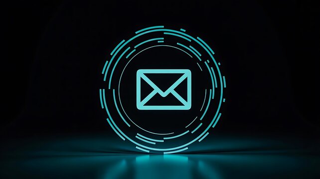 Neon digital mail icon representing communication and network technology concept
