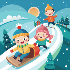 Naklejka premium Children sledding down snowy winter hill joyful holiday vector image