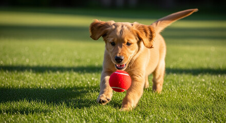 Golden retriever puppy joyfully chases a red ball on a sunny green lawn, its playful energy radiating as it bounds towards the toy with focused determination