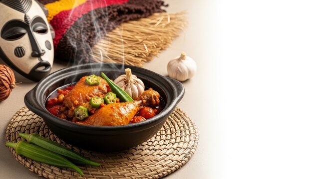 Moamba de Galinha: Hyper-Real Chicken Stew with Chokwe Mask and Kikongo Textile in Golden Hour