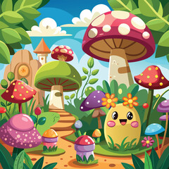 Obraz premium Cute mushroom garden fairy tale background vector artwork