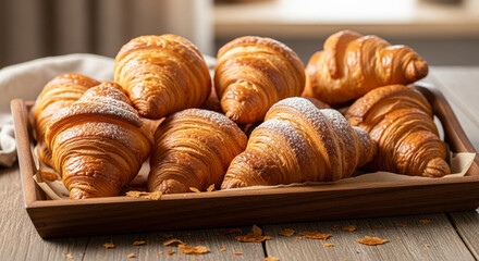 A wooden tray filled with golden croissants, some dusted with powdered sugar, sits on a wooden table, inviting a taste of fresh baked goodness