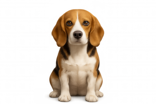 Beagle puppy sitting, facing forward, offering a cute and friendly expression. Image features a transparent background
