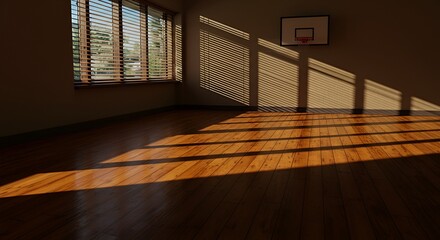 Rhythmic shadows from window blinds stripe across the empty gymnasium floor with warmth.
