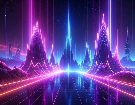 Synthwave landscape with neon lights