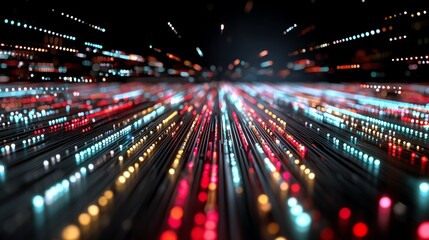 Obraz premium An abstract representation of speed and motion, showcasing vibrant lights and colors streaking through a dark background, symbolizing connectivity and digital advancement.