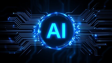 This image showcases a glowing blue circuit board design with the letters 'AI' prominently displayed, symbolizing the advancement of artificial intelligence in modern technology.
