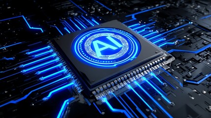 A close-up view of a modern microprocessor with a blue AI symbol, illustrating advanced technology and the integration of artificial intelligence in computing