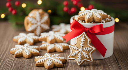 Charming christmas cookies arranged with a ribbontied container and festive greenery, evoking a warm and inviting holiday spirit for seasonal joy