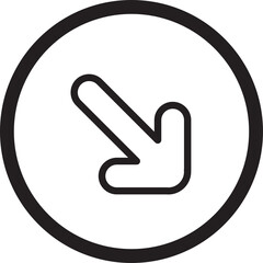 Black Outline Arrow Pointing Down and to the Right Inside a Thick Black Circle Against a Transparent Background Simple Graphic Icon