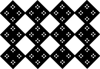 Seamless black and white geometric pattern with diamond shapes and dotted cross motifs, ideal for textiles, wallpapers, backgrounds, and modern ethnic designs.
