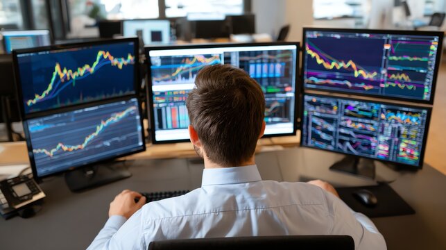 A focused businessman analyzing stock market trends on multiple screens with intricate graphics and data