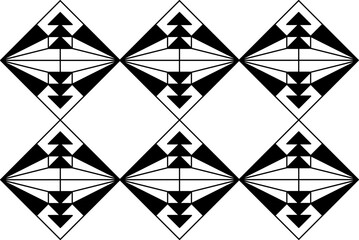 Seamless black and white geometric tribal pattern with diamond shapes and arrow motifs, perfect for textile prints, wallpapers, and ethnic modern designs.
