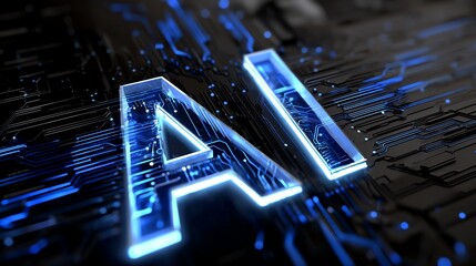 A futuristic representation of artificial intelligence, highlighting blue glowing letters 'AI' on a dark circuit board background, symbolizing the advancement of technology.