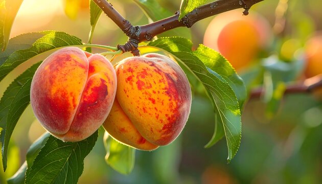 Sunlight bathes ripe, speckled peaches on a leafy tree branch