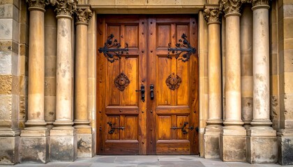 Ornate wooden doors with pillars at the entrance