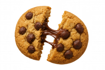 Chocolate chip cookie breaking open with melted chocolate filling, isolated on transparent background