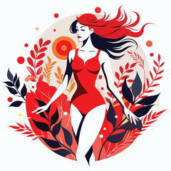 Romantic girl in red swimsuit, fashion woman beach look, summer beauty vector artwork