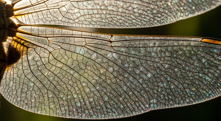 Detailed closeup of dragonfly wings with intricate vein patterns, capturing the delicate structure and translucent beauty of natures design in vibrant sunlight