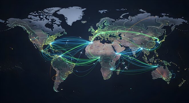 Global network connections and digital data flow across the world map - Powered by Adobe