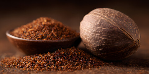A whole nutmeg alongside freshly grated nutmeg presented in a small wooden bowl on dark background. Food concept