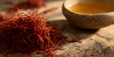 A vibrant pile of saffron threads accompanied by a bowl of saffron-infused water on rustic wood surface. Food concept.
