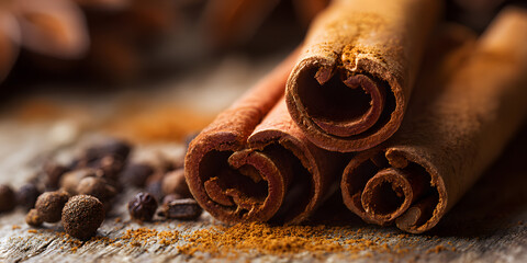 Fragrant cinnamon sticks paired with allspice berries arranged on a rustic wooden surface. Food concept