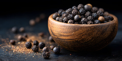 Fragrant black peppercorns displayed in a rustic bowl, with loose peppercorns scattered around. Food concept