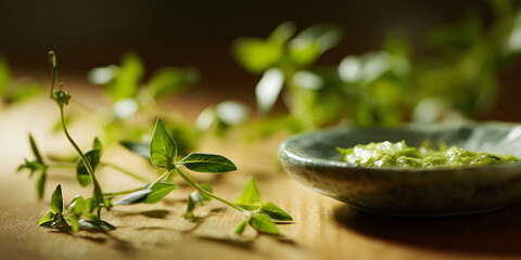 Fresh oregano sprigs and a small bowl of freshly made pesto. Food concept
