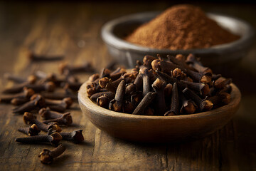 Aromatic whole cloves in a wooden bowl, with clove powder in a bowl in the background. Food concept