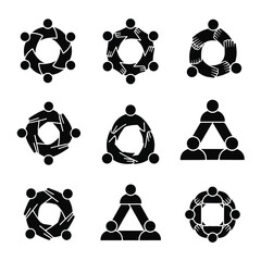 Diverse group of people joining hands in unity, forming various geometric shapes to represent teamwork, collaboration, and community, fostering positive and inclusive atmosphere.