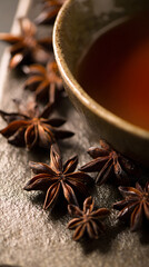 Aromatic star anise spice and a cup of herbal tea blend for a calming and flavorful beverage experience. Food and wellness concept.