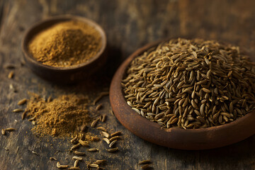 Fragrant cumin seeds and ground powder in wooden bowls on rustic table. Culinary spice and ingredient concept for flavoring dishes. Food concept.